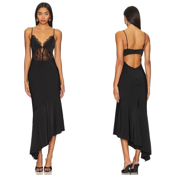 NBD Dresses & Skirts - NWT NBD Brigitta Satin Lace Midi Dress in Black